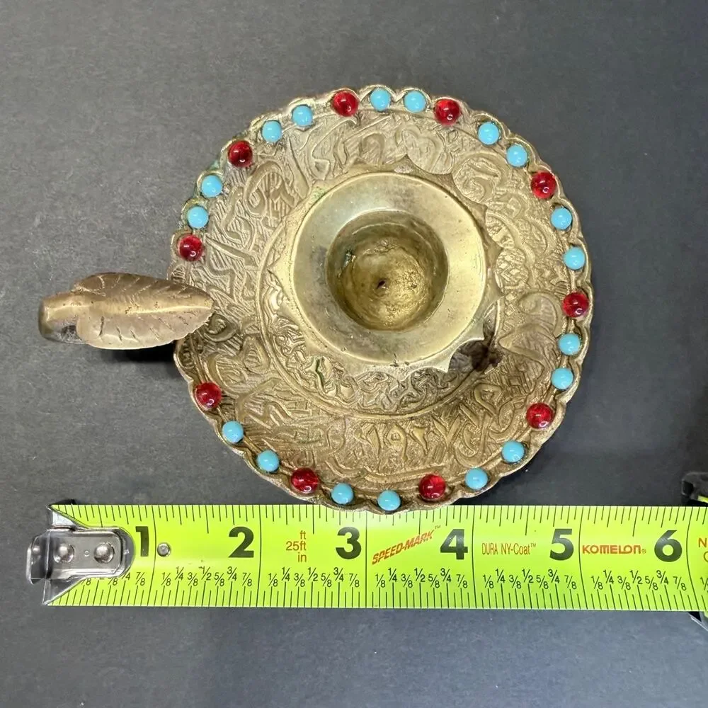Vintage Damascus Brass Chamberstick Candle Holder Jeweled Turquoise Red Bead 4.5